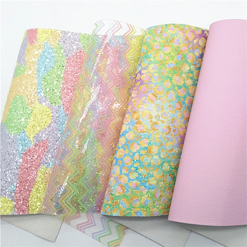 Rainbow Chunky Glitter Leather Leopard Printed Lace Glitter Faux Fabric JELLY Vinyl Leather Sheets For Bows DIY 21x29CM Q795