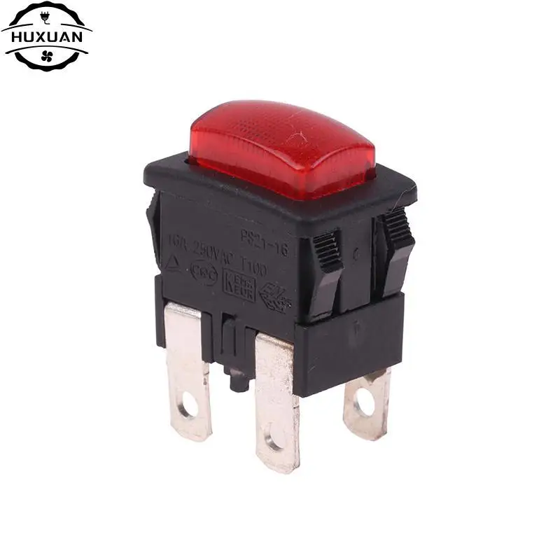 1pc PS21-16 Self-Lock On Off Push Button Rocker Switch With Light Vacuum Cleaner Heater Electrical Touch Switch 4Pins 16A Socket