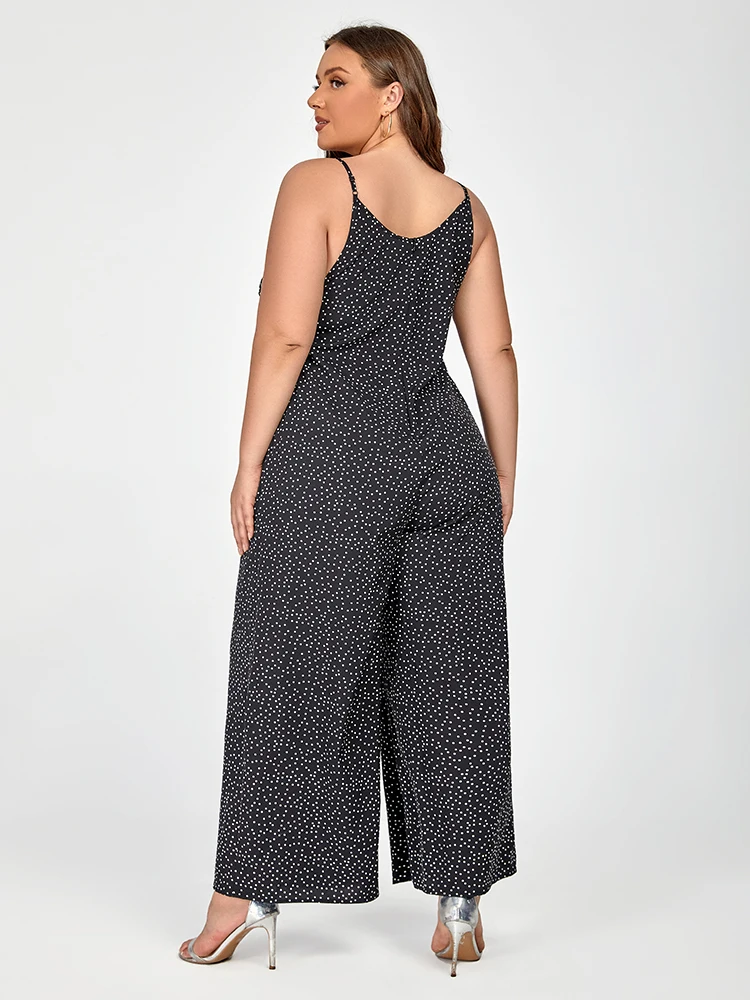 Plus Sized Clothing Women Black Polka Dot Spaghetti Strap Jumpsuit with Pockets Wide Leg Pants Female Clothes Summer Jumpsuit