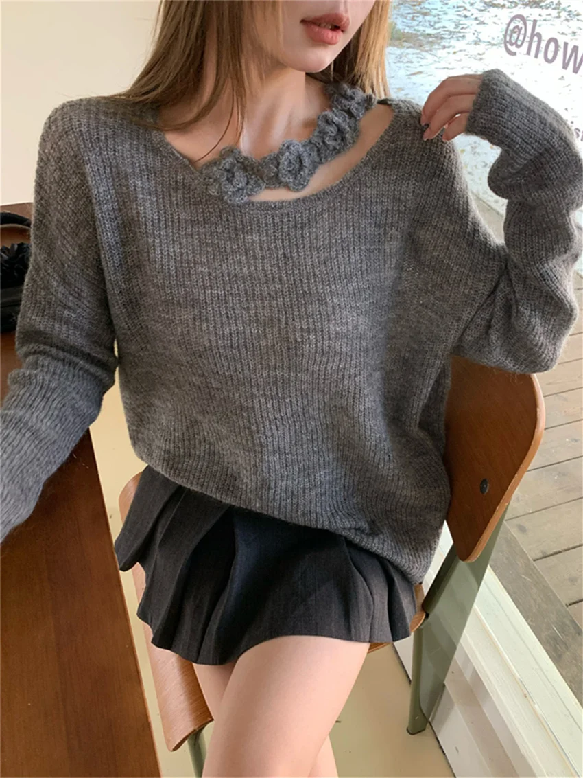 Alien Kitty Grey Knitwear Sweaters Daily Women Chic 2025 Slim Pullovers Fashion Casual New Winter Sweet Loose Office Lady