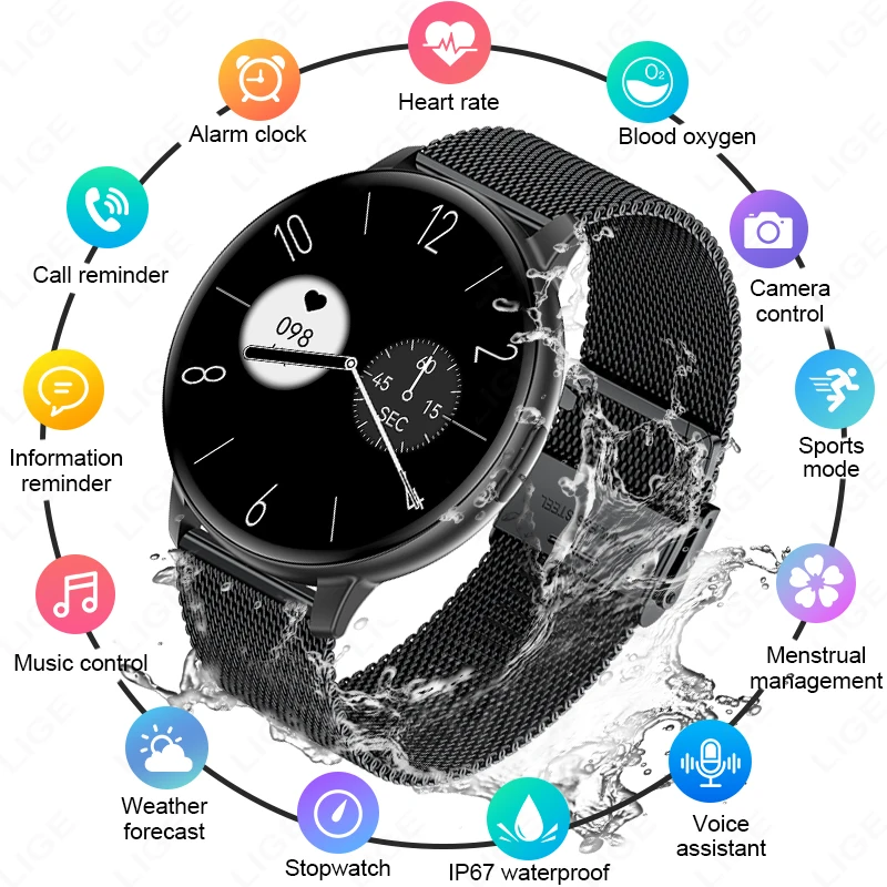 

Смарт-часы LIGE 2026 для мужчин и женщин с Bluetooth-вызовами, мониторингом сердечного ритма и здоровья, HD-экраном 1,38 дюйма, модные спортивные смарт-часы для мужчин и женщин