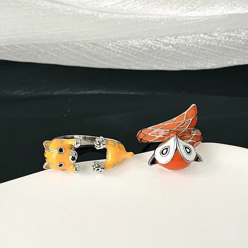 Bohemia Cute Red Enamel Cartoon Fox Opening Couple Rings for Women Charm Design Animal Dog Finger Jewelry Accessories Party Gift