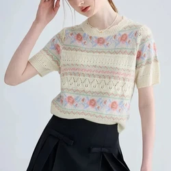 Japanese Lolita Summer 2024 Women's Pullover O-Neck Spliced Jacquard Hollow Out Slim Minimalist Casual Knitted Short Sleeved Top