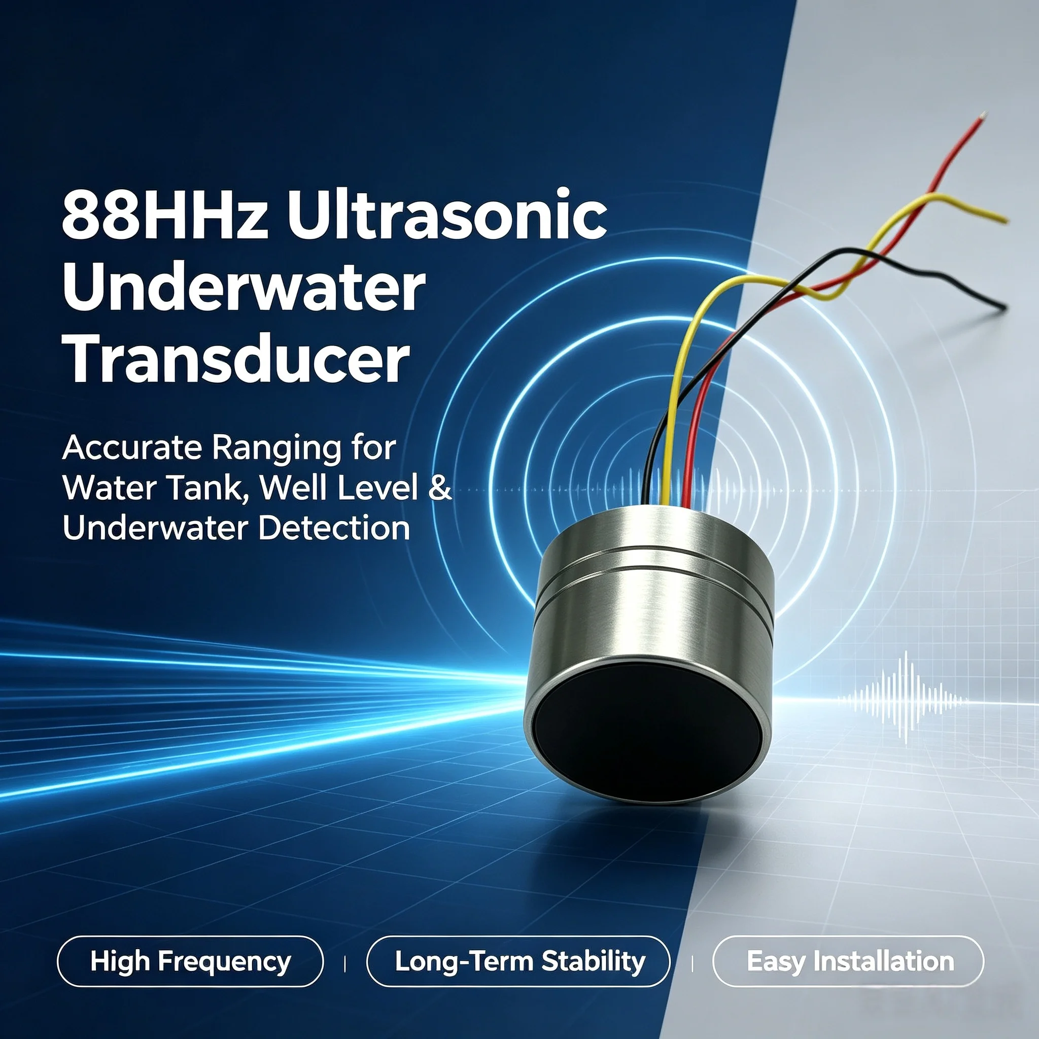 88kHz Stainless Steel Underwater Ultrasonic Transducer Submersible Piezo Sonar Sensor 0.3-500m Detection Range CE Certified