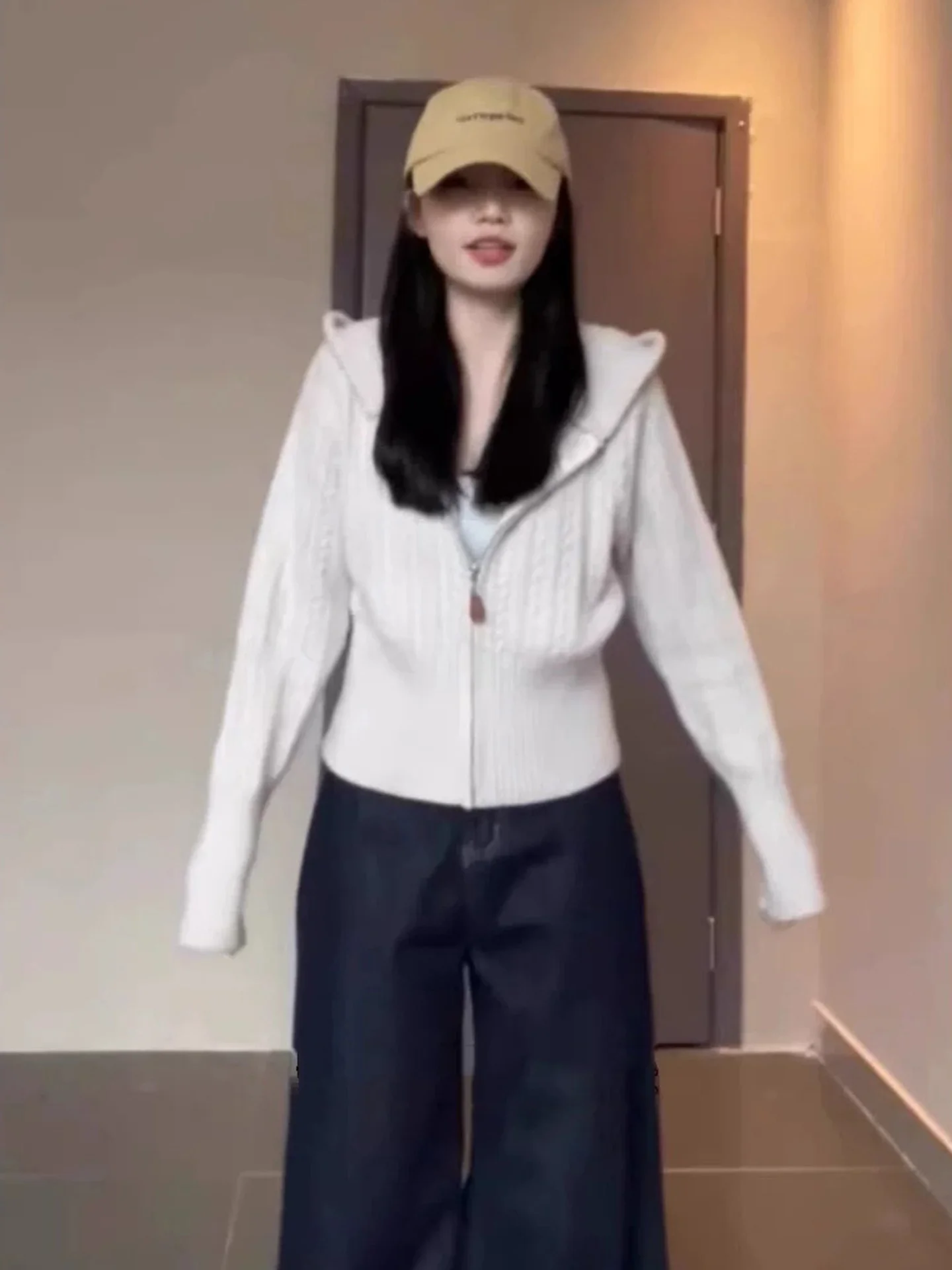 Suéter de punto con capucha y cremallera para mujer, Top largo con efecto adelgazante informal y versátil en zigzag de Color Sle para otoño 2025