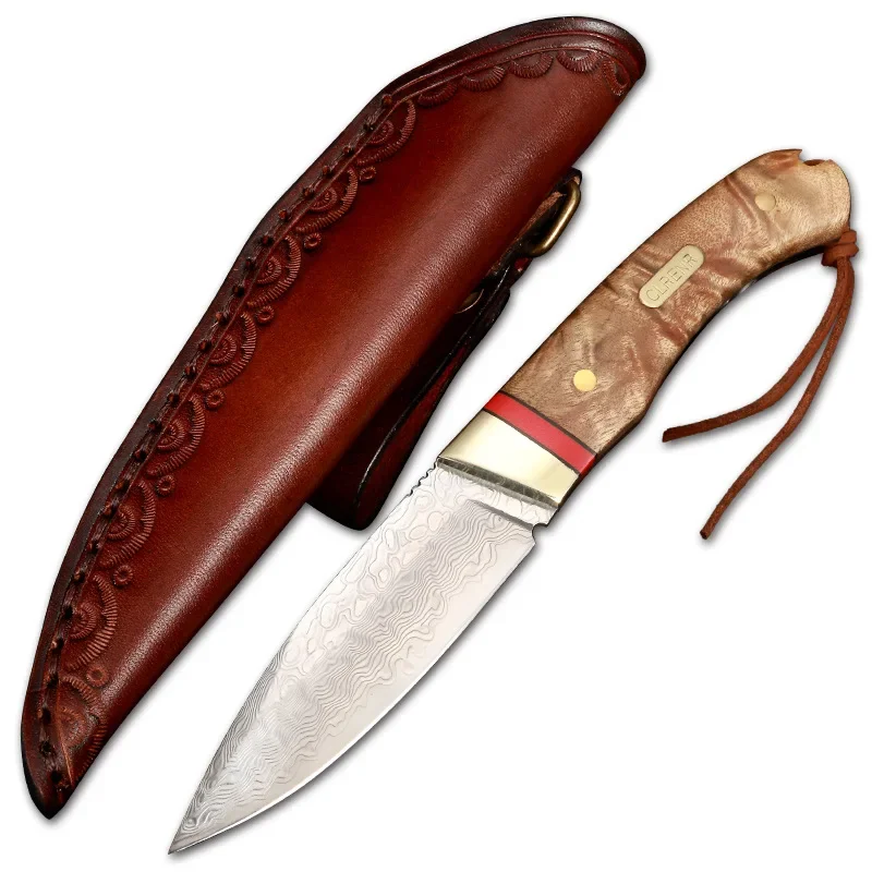 Damascus Steel Outdoor Camping Hunting Knife White Shadow Wood Tumor+Brass+Red G10 Handle Fixed Blade Knifes Gift For Men