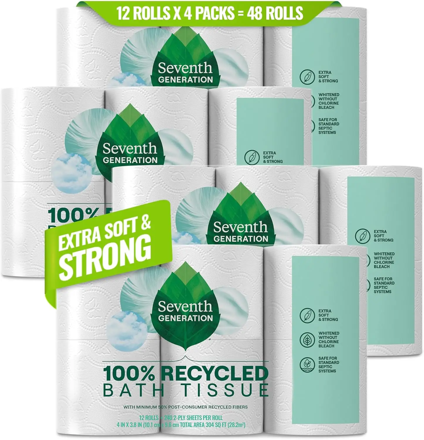 

100% Recycled 2-Ply Toilet Paper, 4 Pack x 12 Rolls of 240 Sheets, Extra Soft & Strong for Home and RV, Whitened without