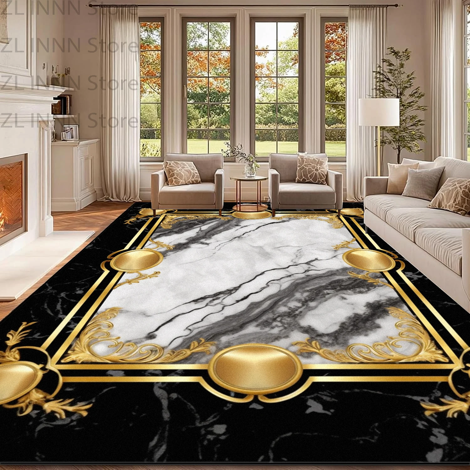 Luxury Black Gold Marble Carpet for Living Room Geometric Home Decoration Sofa Area Plush Rugs Dining Room Table Chair Foot Mat