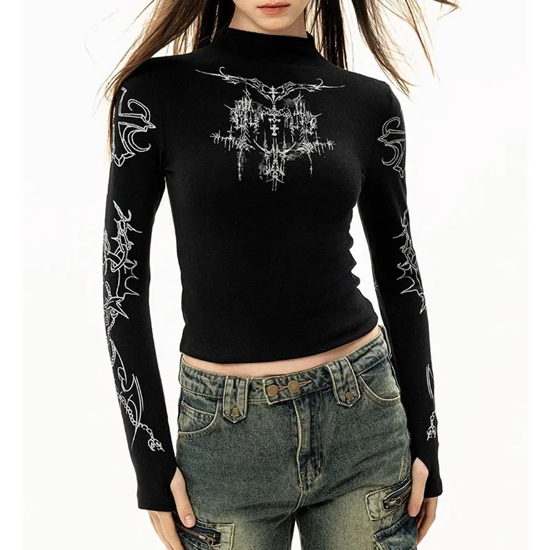 Grunge Women T-Shirt Y2k Aesthetics Half high neck Tees Graphical Print  Long Sleeve Sheer Tops Punk Alternative Crop Tops EMO