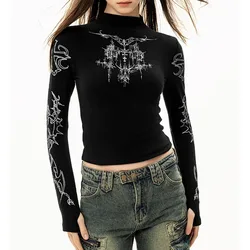 Grunge Women T-Shirt Y2k Aesthetics Half high neck Tees Graphical Print  Long Sleeve Sheer Tops Punk Alternative Crop Tops EMO