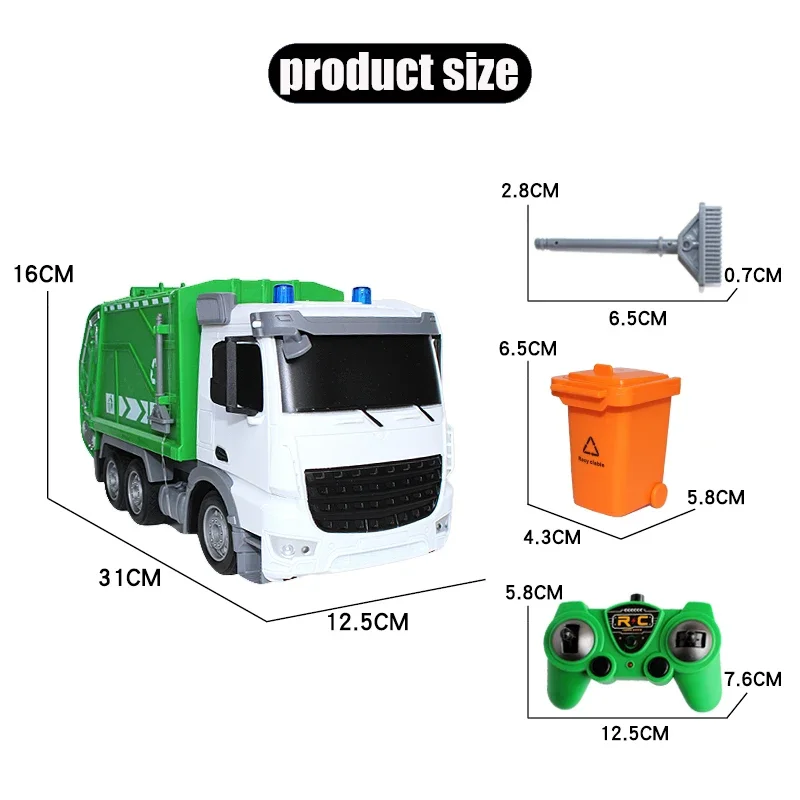 Kids RC Garbage Truck Toy with Lights 1/24 Scale Radio Controlled Car Sanitation Vehicle Recycling Cars Early Learning Boys Toys