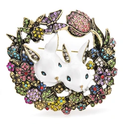 Wuli&baby Lovely Rabbits Wreath Brooches For Women Unisex New Year Beautiful Flower Animal Round Brooch Pins Gifts