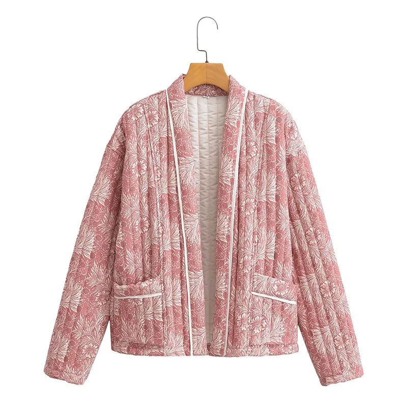 

Vintage Women Long Sleeve Floral Print Jacket Quilted Outerwear