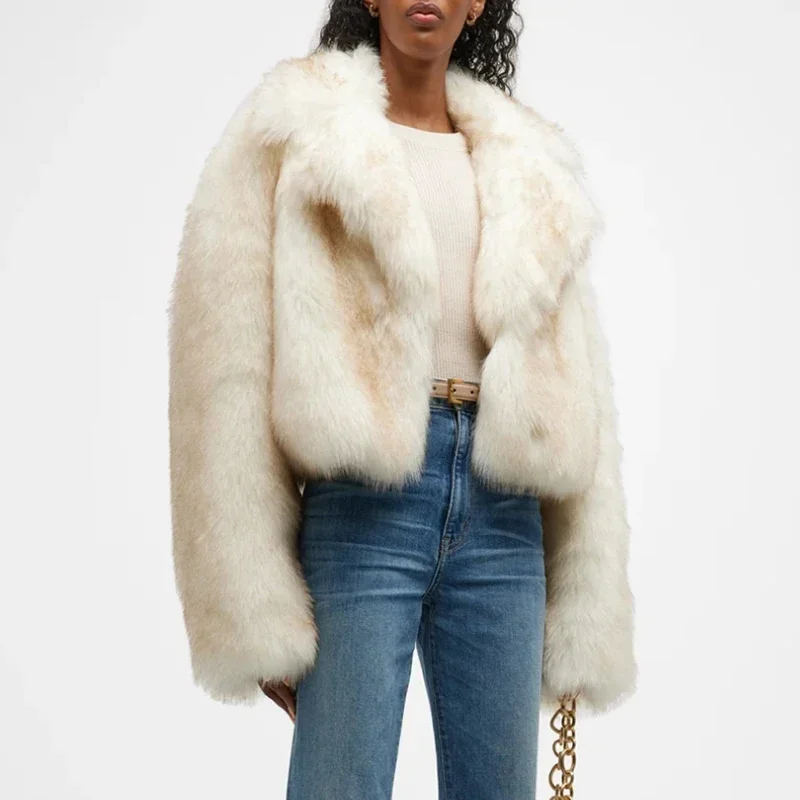 Luxury Brand Runway Fashion Yellow Gradient Cropped Fluffy Fur Jacket Coat Women 2024 Winter Chic Thicken Faux Fox Fur Outerwear