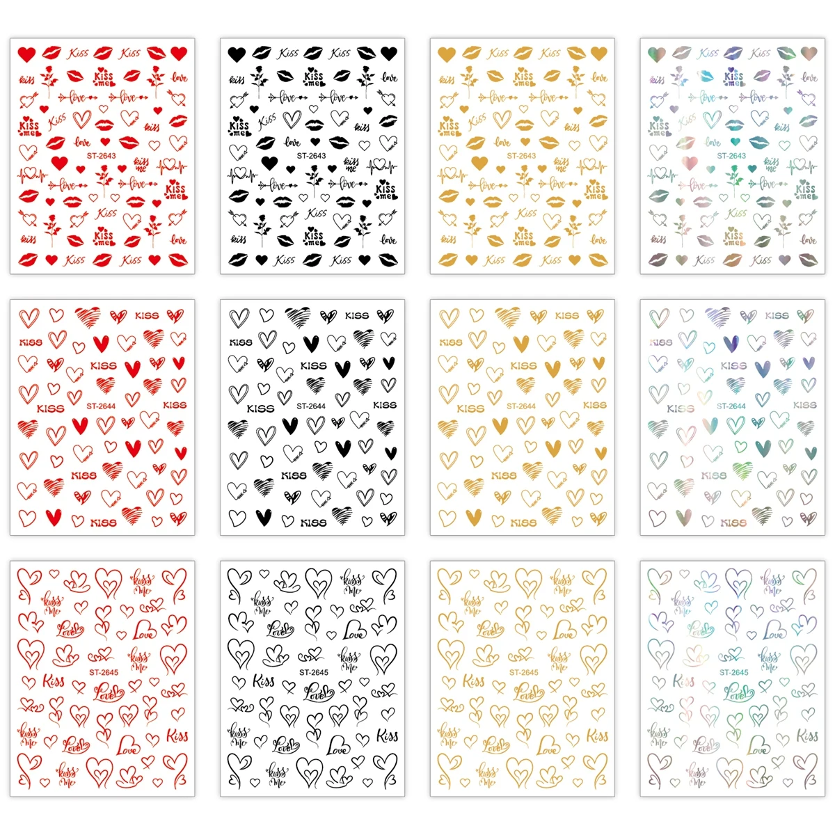 3/6/12장 하트 & 키스 네일 아트 스티커 세트, 레드 골드 실버 블랙 러브 립 디자인 발렌타인 네일 데칼 DIY 네일용