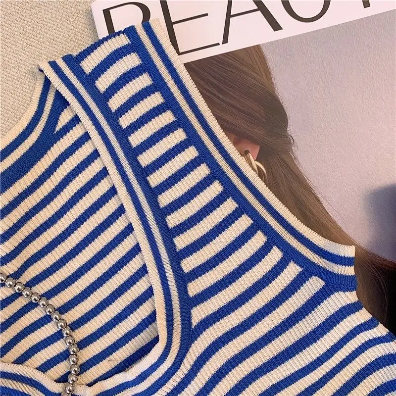 Sexy Knitted Ice Silk Striped Tank Top Unique Sweet Hot Girl Short Low Neckline Sleeveless Top Tank Top Women