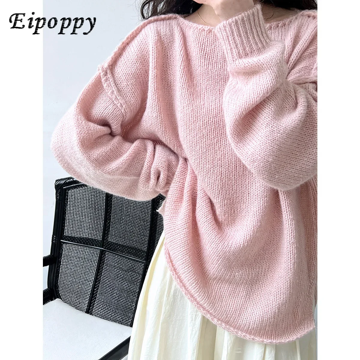 

off-Shoulder Sweater Women's Autumn Long Sleeve off-Shoulder Loose and Idle Pure Desire Style Sweater