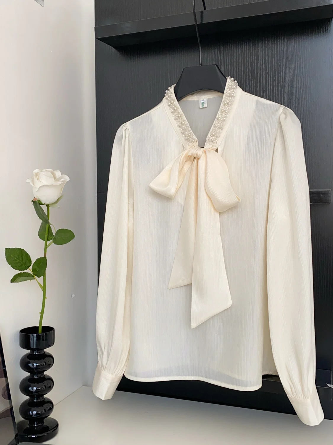 

Женская свободная блузка с жемчужным воротником, длинными рукавами, завязками и узлом, модный топ для повседневной носки