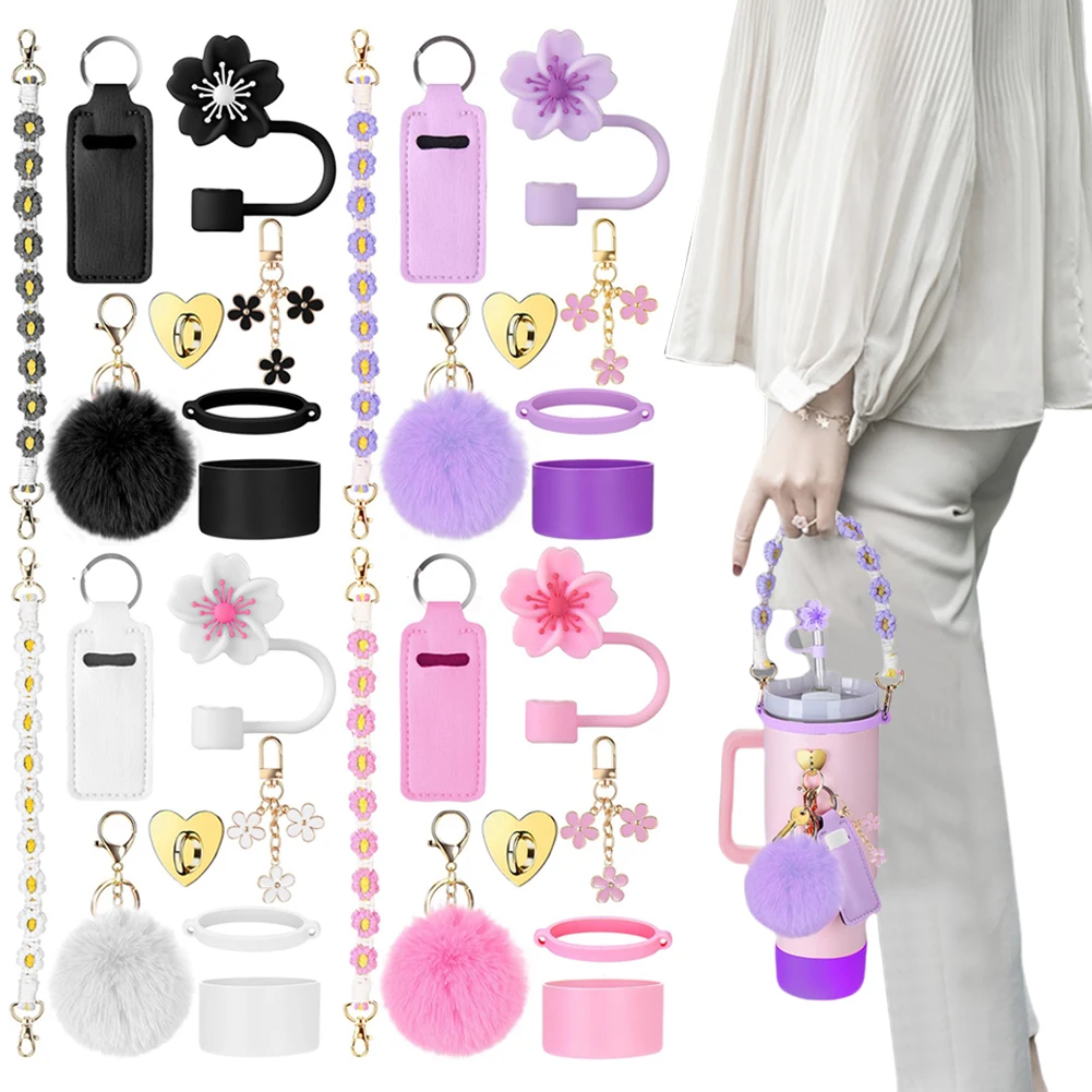 

8Pcs Tumbler Accessories Cup Set Tumber Cup Flower Charm Water Bottle Colored Straw Cover Handle Strap Protect Cover Fashion Set