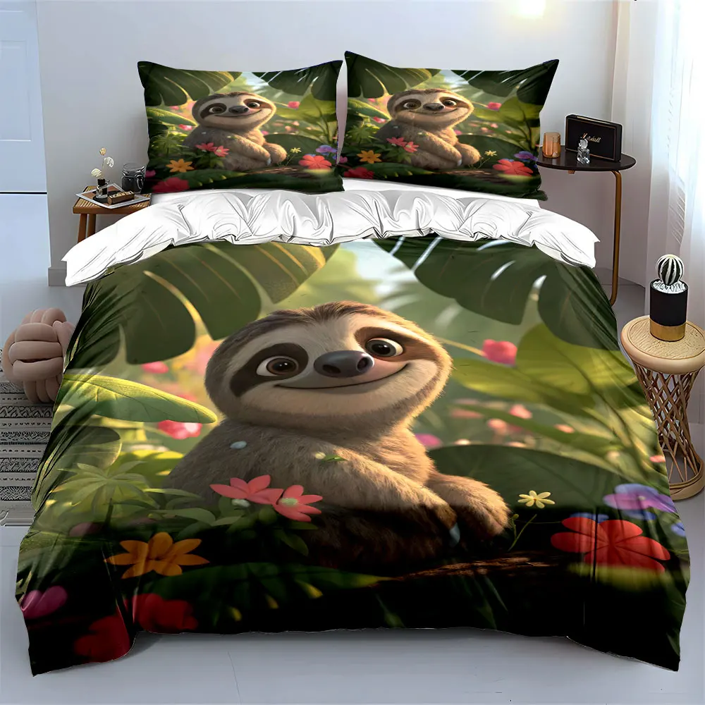 Adorable smiling sloth with flowers Print Bedding Set 1 Duvet Cover 2 Pillowcases for Adult and Children Luxury Gift Full Size