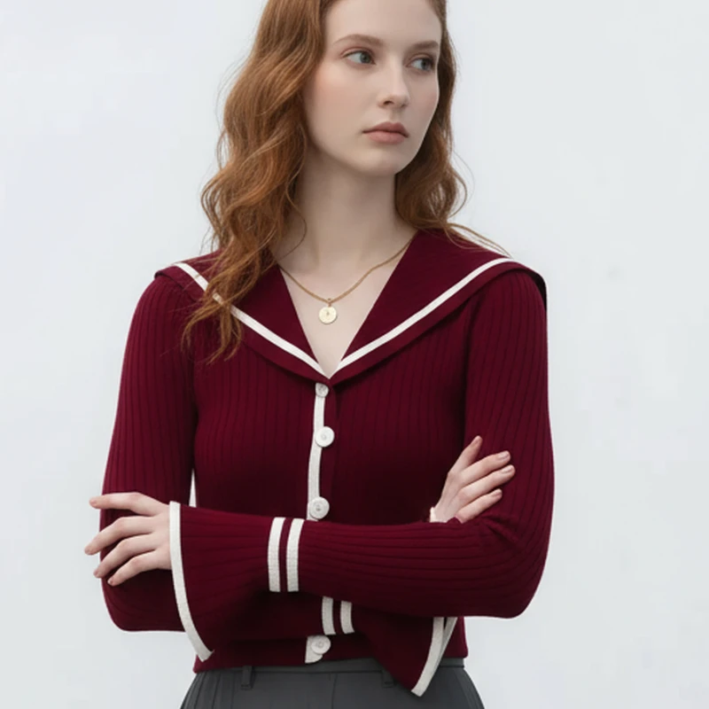 2025 Fall Women Sailor Collar Red Knitted Top Autumn Long Sleeve Cardigan Sweater Flare Sleeve Elegant Casual Knitwear
