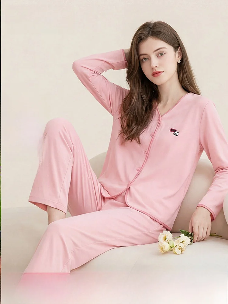 fenteng-spring-autumn-warmth-open-cardigan-sleepwear-women-long-sleeve-loose-pure-color-collar-home-clothes-set-cotton