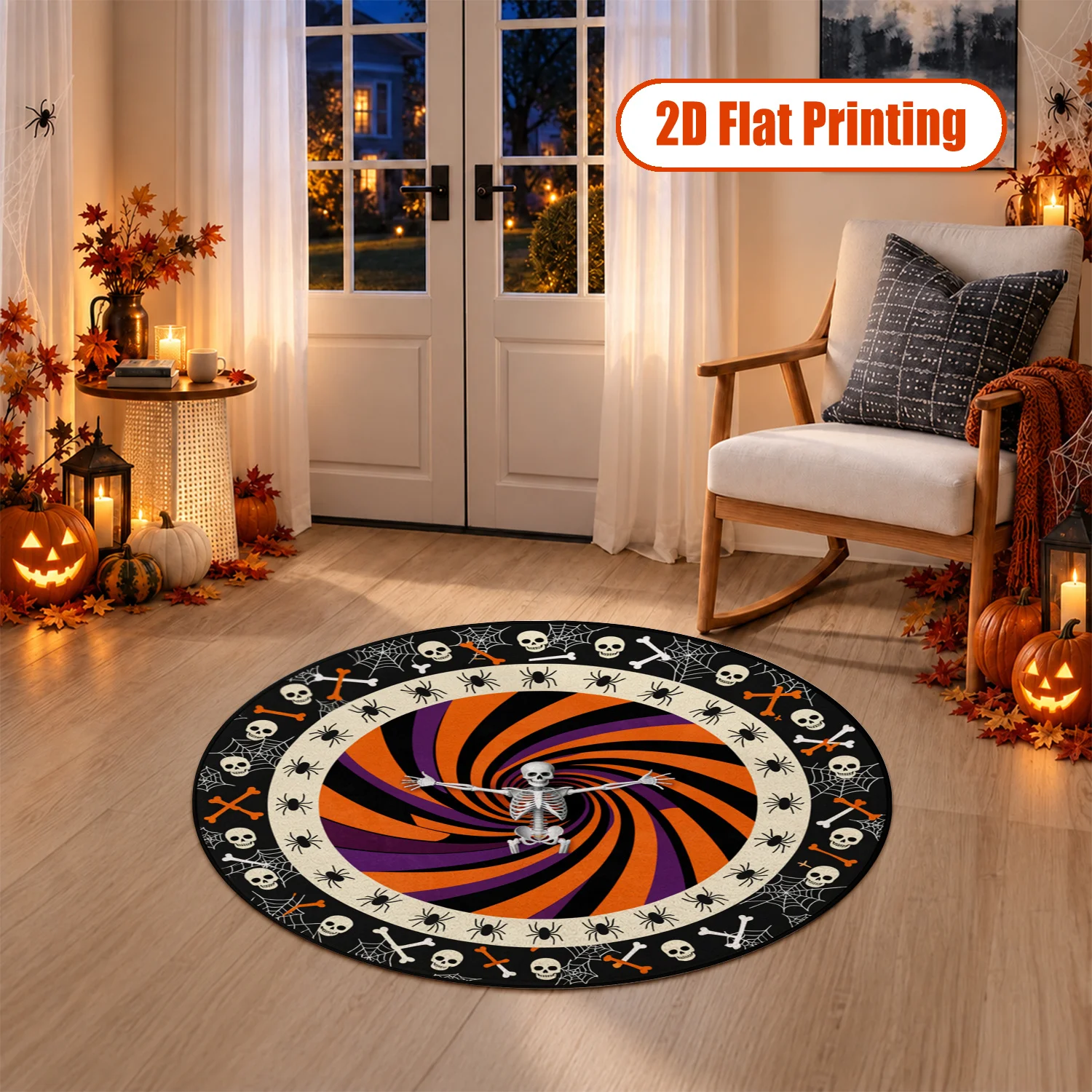 Halloween Spiral Skeleton Skull Spider Web Pattern Round Velvet Area Rug, Machine Washable Soft Floor Mat for Living Room, Bedroom, Entryway, Dining Room, Ideal for Halloween, Thanksgiving, Christmas, New Year, Black Friday, Cyber Monday Home Decor
