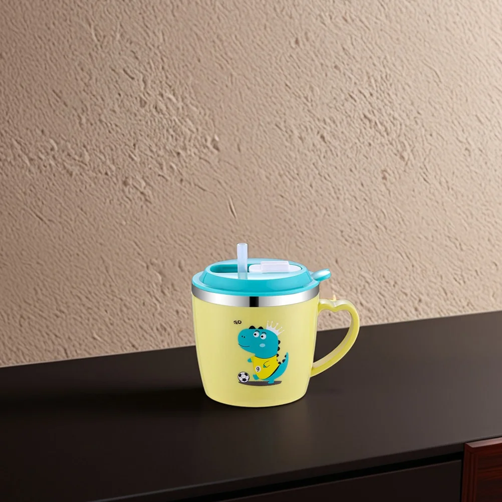 Stainless Steel Toddler Straw Cup Double Layer Anti Scald Cartoon Pattern Measurement Scale Sippy Cup for Milk Water