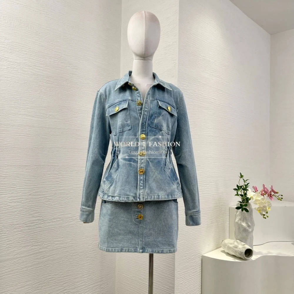 

Blue Long Sleeve Denim Jeans Jacket Tops and Skirt Set Summer Clothing for Women