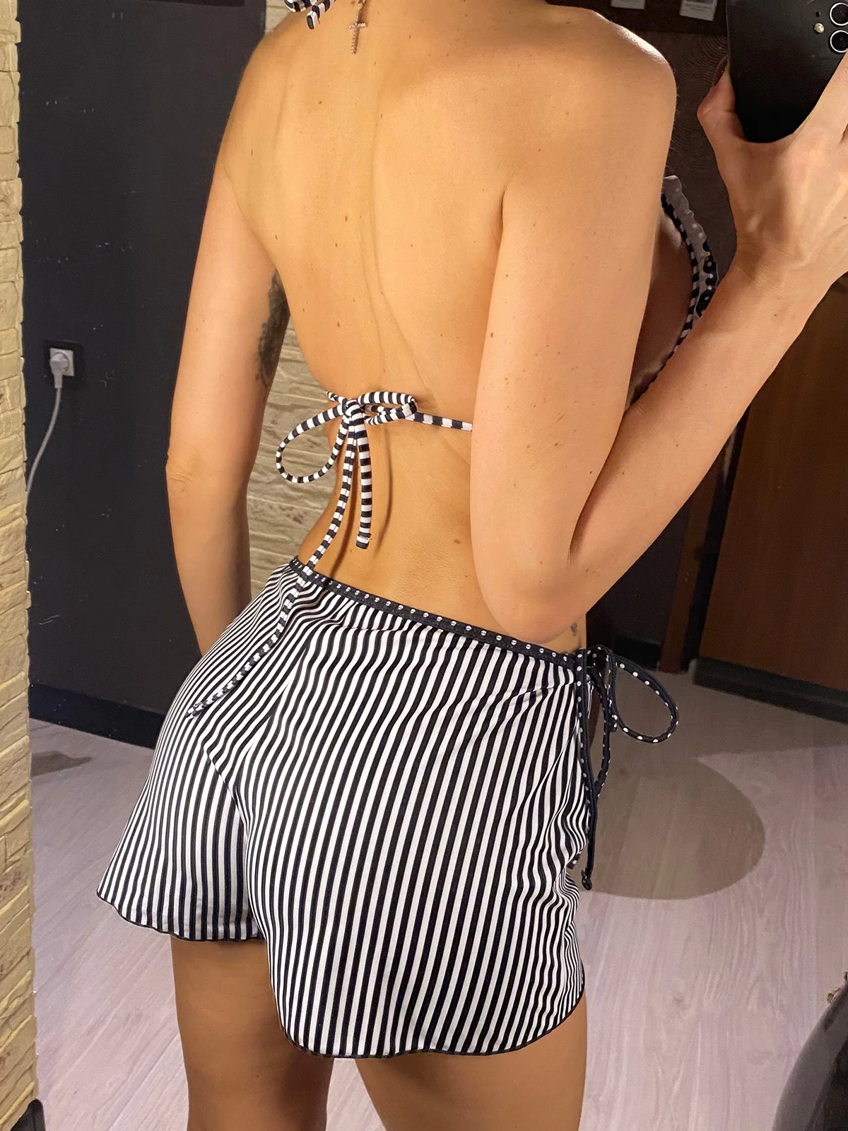 Neuer gestreifter Bikini mit Polka-Dot-Muster, Neckholder-Shorts, Damen-Badeanzug, dreiteiliges Bikini-Set, Badebekleidung, Badeanzug, Schwimmanzug V6384 – Detail 5