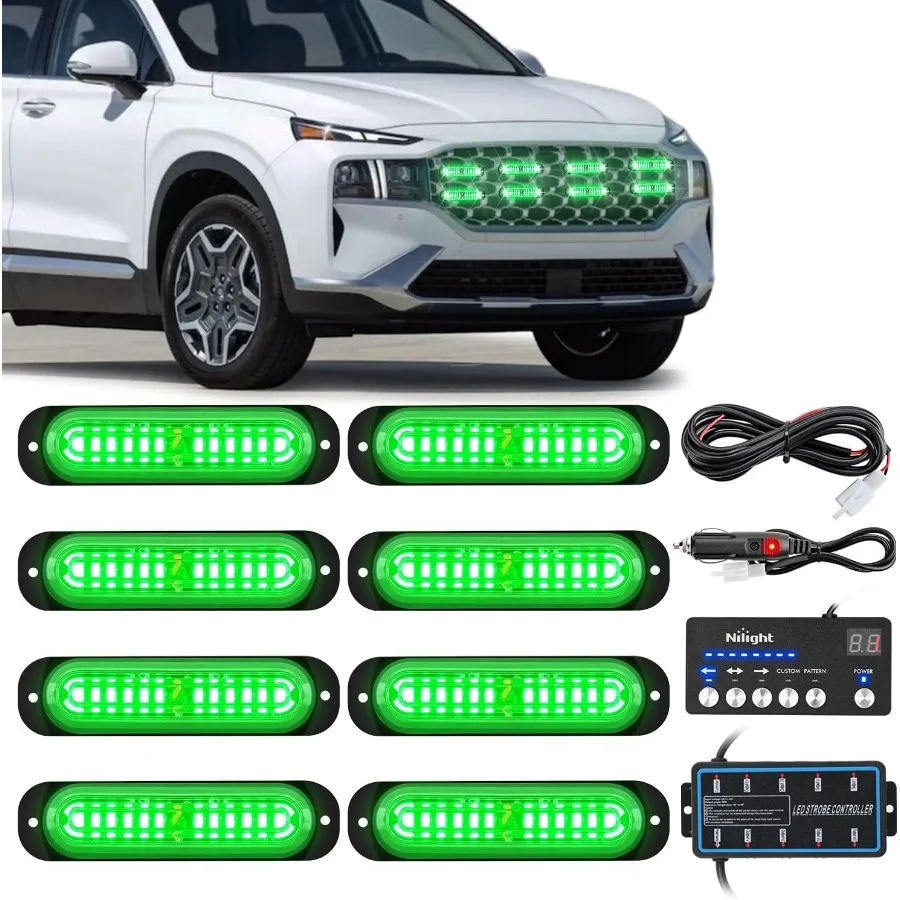 

8PCS LED Strobe Lights with Controller for Vehicle Car Truck RV ATV 12V 24V Sync Feature Green Strobe Light 12 LED Surface Moun