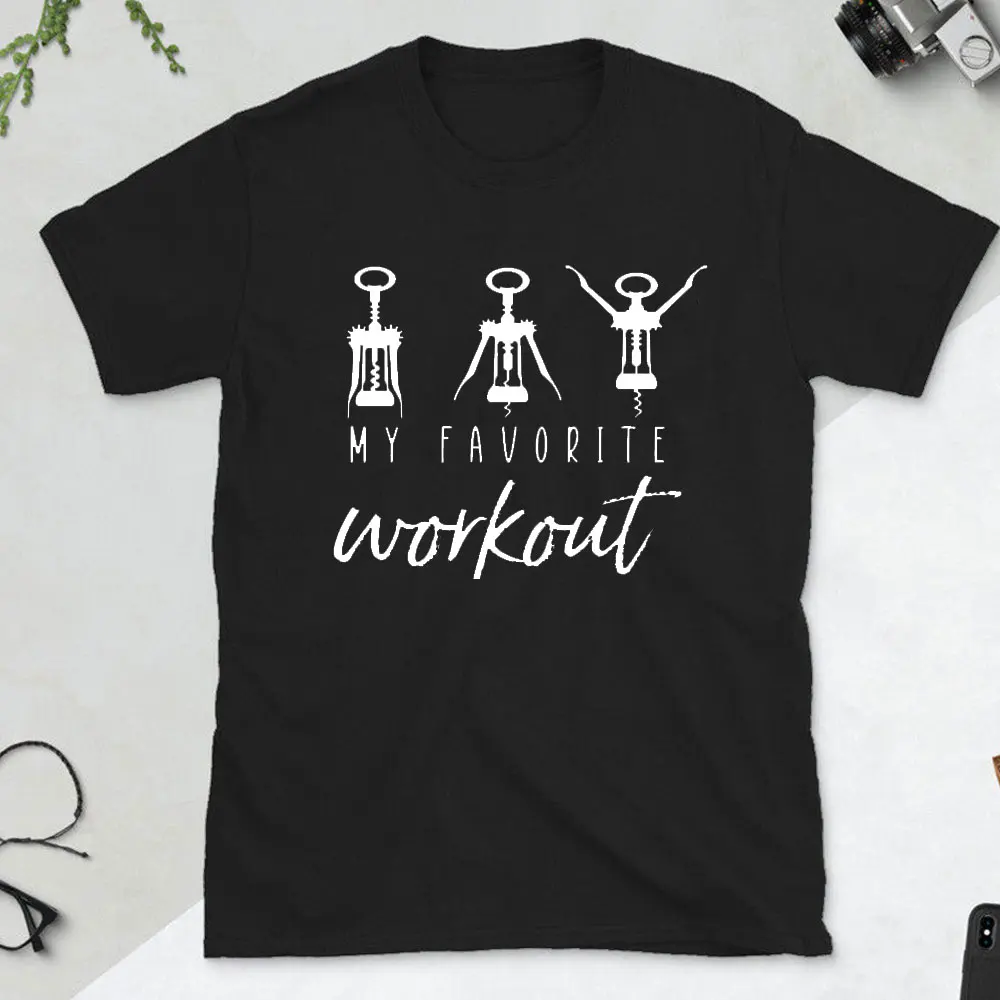 My Favorite Workout Funny Saying T-Shirts for Women Alcohol Drinking Sarcastic Graphic Tees Short Sleeve Wine Lover Shirt Gift