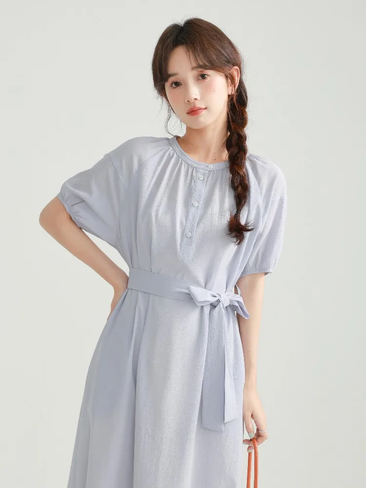 Elegant Blue Short Sleeve Maxi Dress Women French Belted Waist Slim Round Neck Gown Lightweight Flowy Dress Draped Silhouette