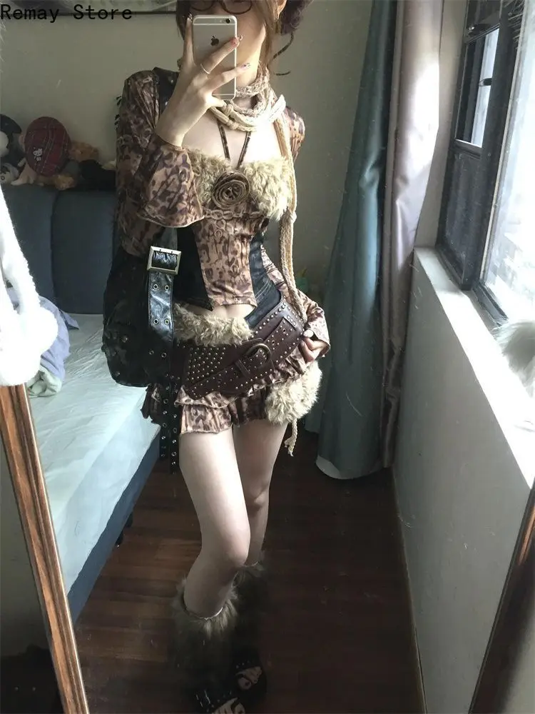 Autumn Streetwear Leopard Fashion 3 Piece Set Women Long Sleeve Blouse + Halter Vest + Skirts Harajuku Design Fur Spicy Outfits
