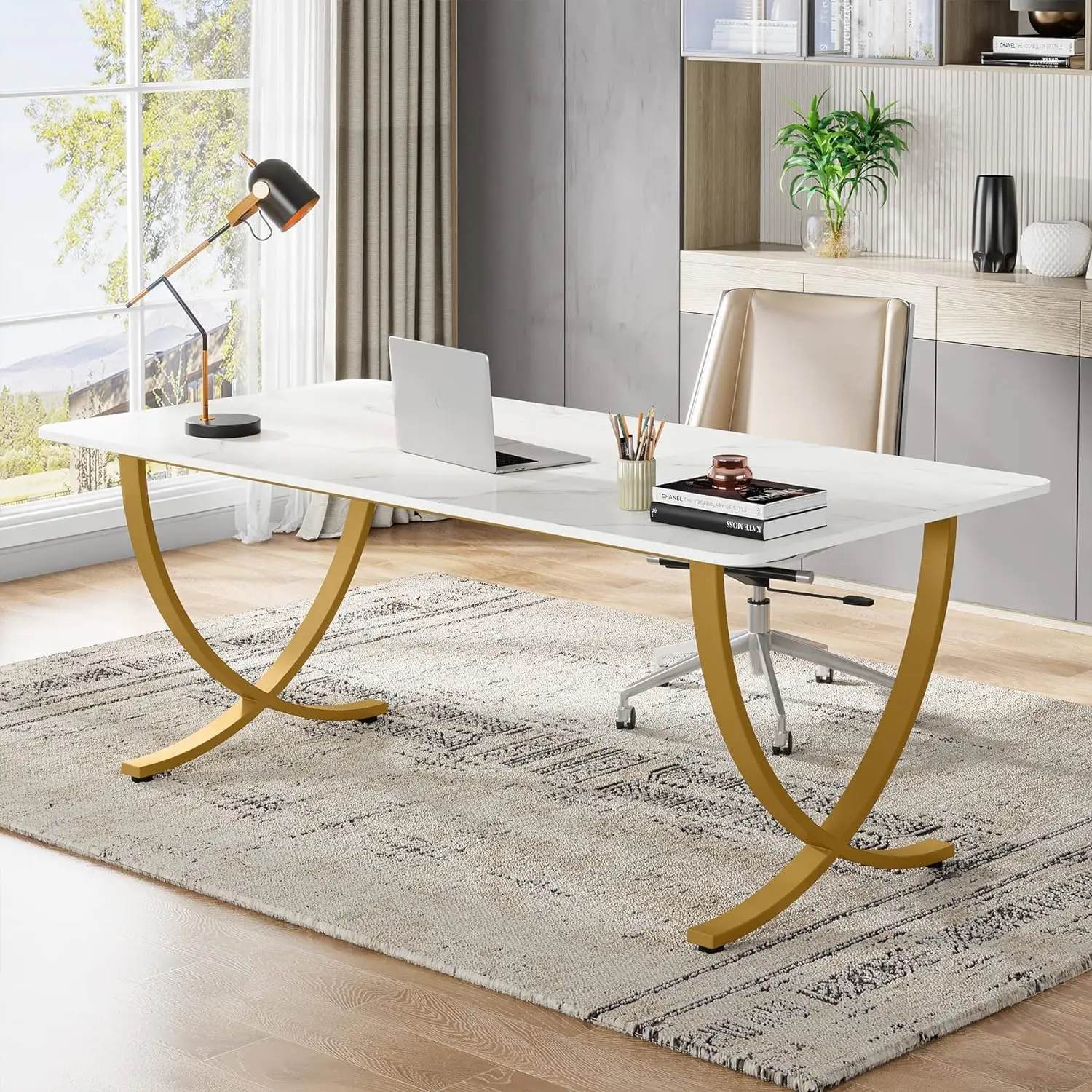 

63' Modern Office Desk, White & Gold Computer Desk for Home Office