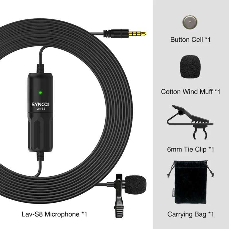 SYNCO-micrófono Lavalier profesional, micrófono de solapa omnidireccional con Clip, reducción de ruido, Emparejamiento automático, Cable de 8M/26,2 pies, Lav-S8