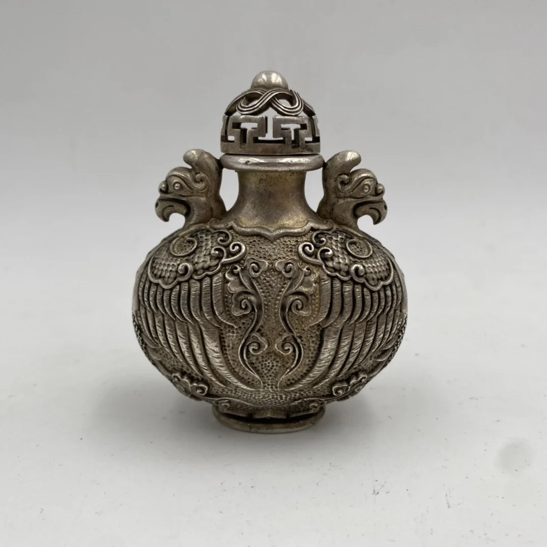 

Chinese antique white bronze snuff bottle ancient snuff bottle double phoenix collect antique bronze ornaments