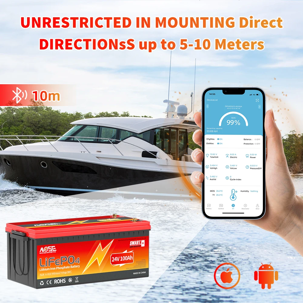 MOSEWORTH 24V 100Ah LiFePO4-Akku Lithium-Eisenphosphat-Batterien Eingebautes Bluetooth BMS 8000+ Zyklen für Solarboote – Detail 2