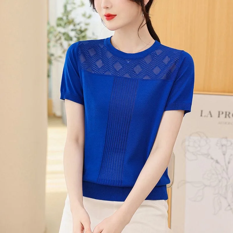 

Однотонная полая футболка, женские пуловеры, летняя одежда 2025, женские футболки, топ с коротким рукавом и круглым вырезом, женская футболка