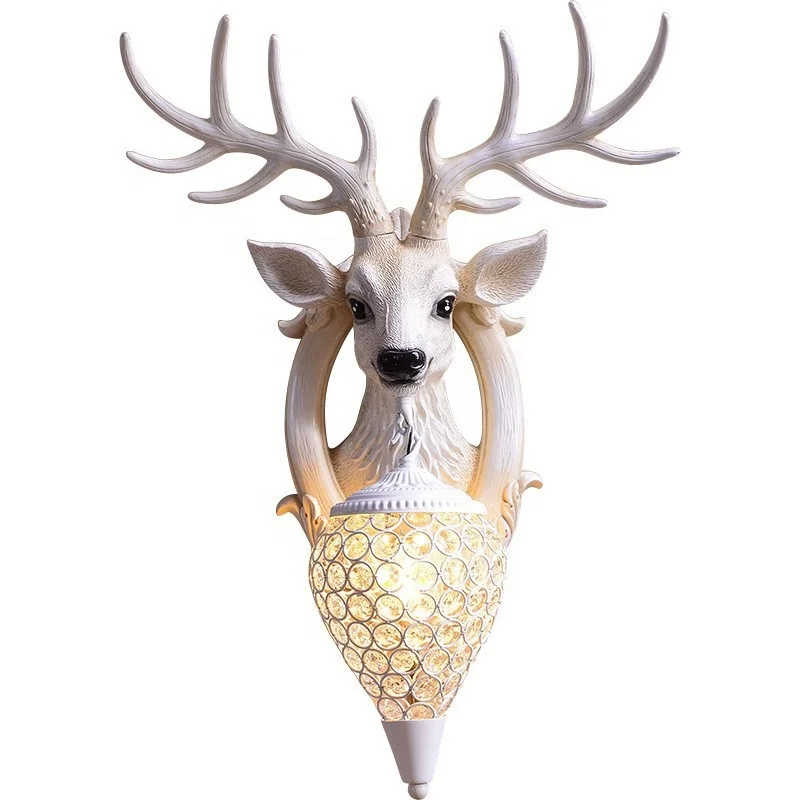 Animal Wall Lamp Water Drop Crystal Lamp Shade White Spotted Deer Resin Antlers Wall Lamp