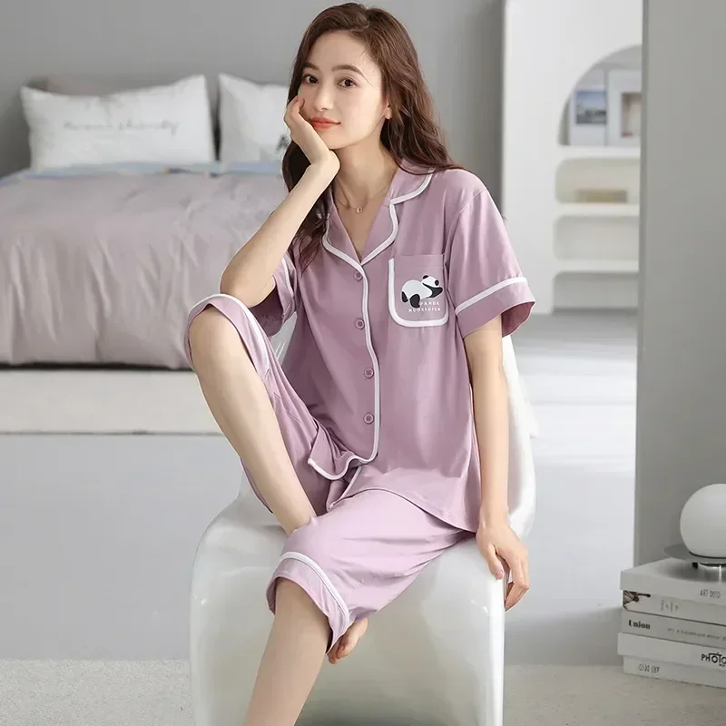 Летние свободные женские размеры с отложным воротником для девочек, капри с модальным принтом, милые пижамные кардиганы, брюки 4XL для пижамного воротника