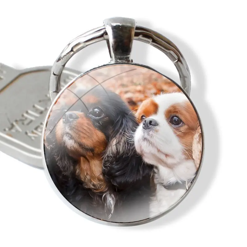 Keychain Handmade Glass Cabochon Key Ring Holder Pendant Key Chains Cute Cavalier King Charles Spaniel Dog