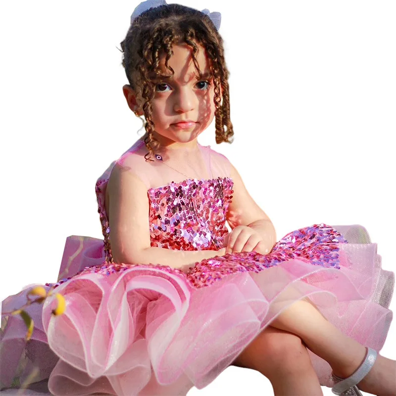 Girls Sparkling Sequin Princess Tutu Dress with Bow, Sleeveless Summer Sweet Strap Gown for Catwalk & Performance Girls Dresses
