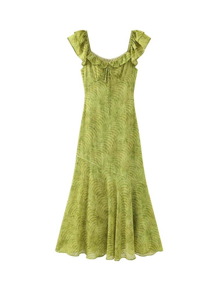 Elegant French Style Printed Chiffon Dress Women Summer Vintage Slim Maxi Dress Lightweight A-Line Slit Gown Casual Holiday Look