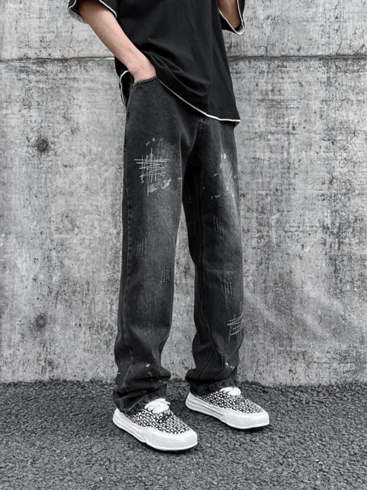 

Ретро-джинсы в американском стиле с вышивкой и эффектом брызг, свободные широкие брюки для мужчин, повседневные длинные штаны в уличном стиле, хип-хоп, свободный крой