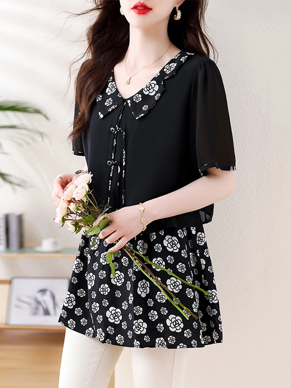 Été 2025 grande taille femmes col de poupée irt minceur rétro bouton épissage en mousseline de soie Anti-âge haut coréen Sle coupe ample