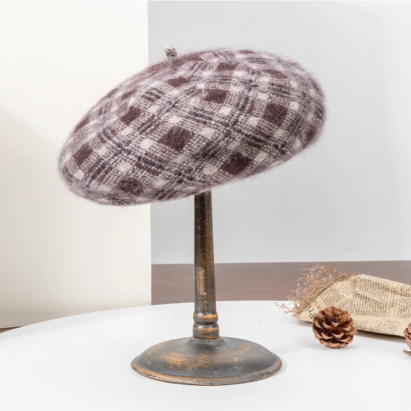 

Winter Hat Women Beret Angora Wool Knit Plaid Warm Accessory For Skiing Autumn Outdoor Sports Cycling