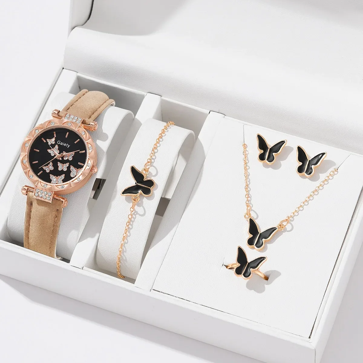 Women Watch Ring Necklace Earrings Bracelet Set Watches Butterfly Leather Strap Ladies Quartz WristWatch (No Box)