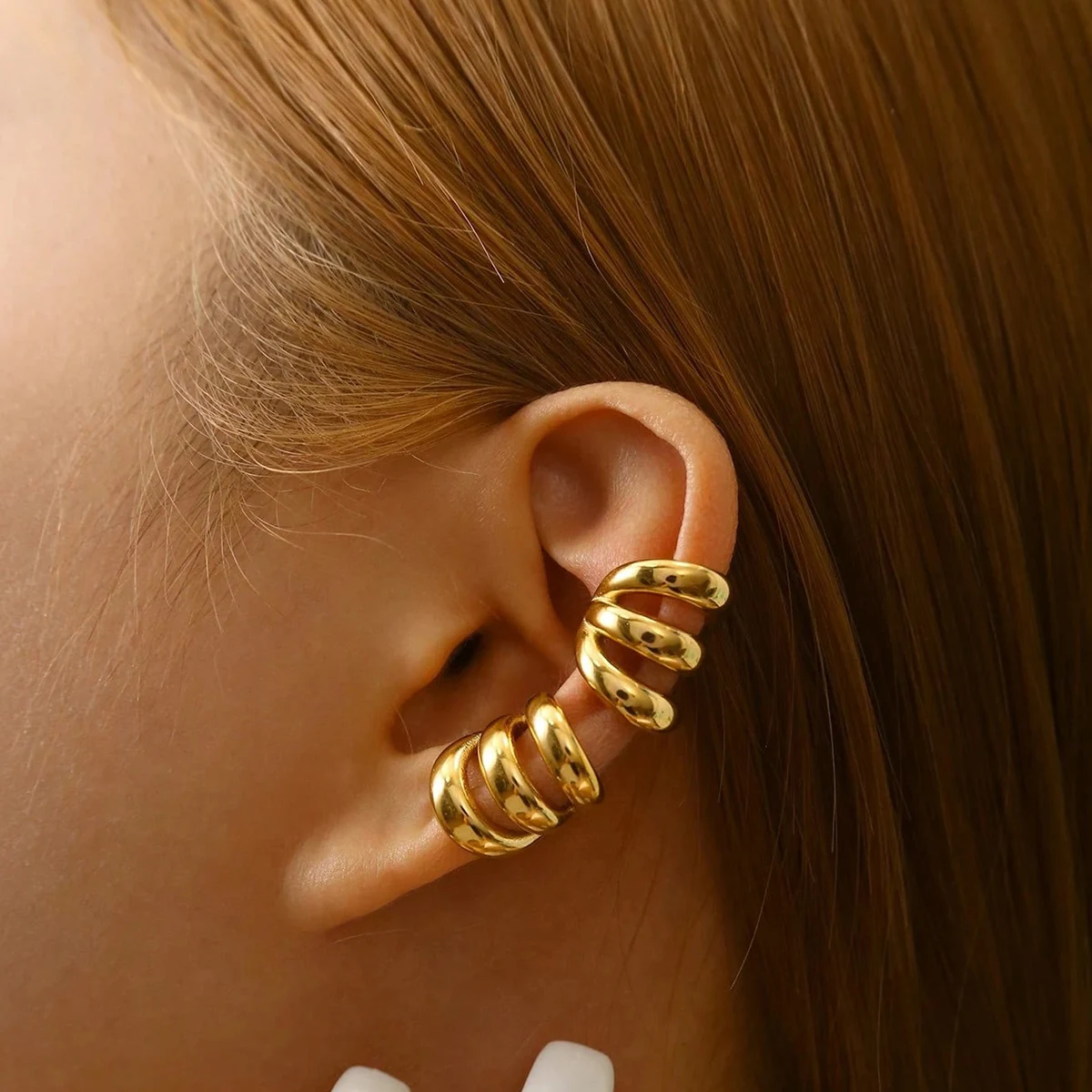 1 زوج من سبائك الذهب اللون المرأة بسيطة ومتعددة الاستخدامات ثلاث طبقات الأذن كليب غير مثقوب الراقية المتخصصة الأقراط #3