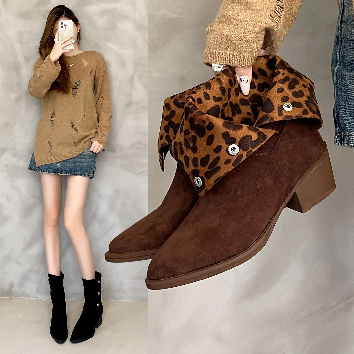 

New fashionable and trendy short boots, large-sized button-down two-in-one riding boots, women's mid-calf, retro style